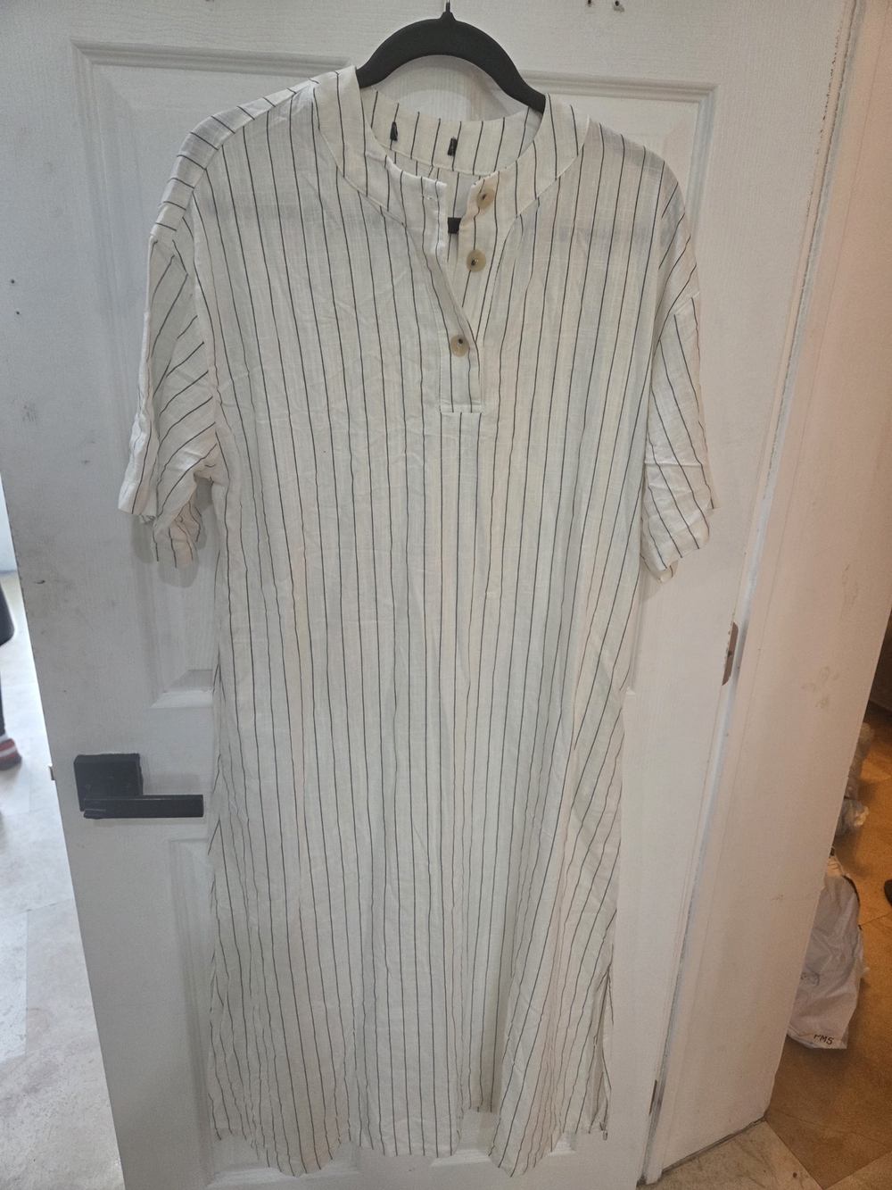 Woman White Striped Short-Sleeve Henley Dress